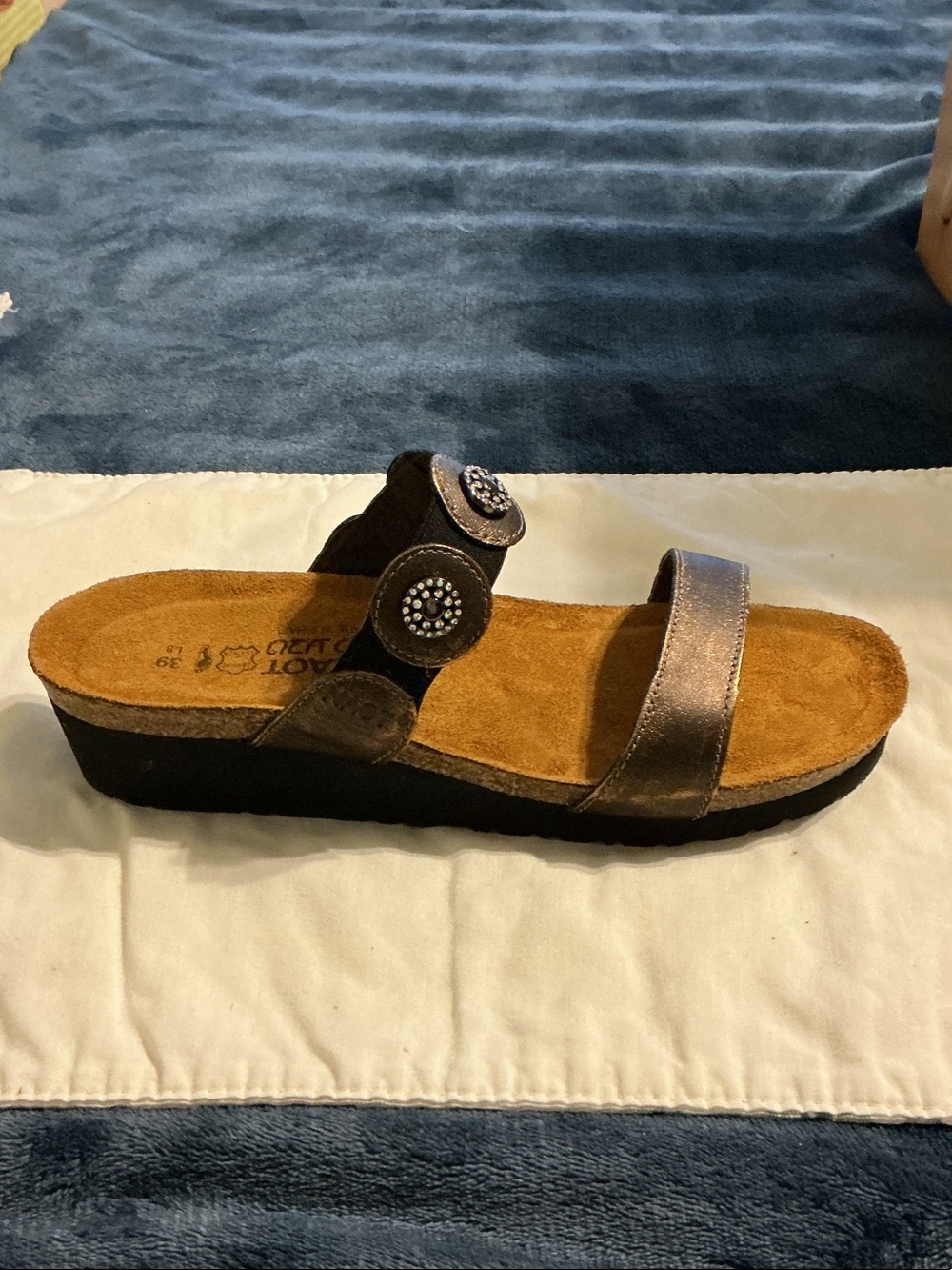 Naot Metallic Taupe Slide with Decorative Buttons